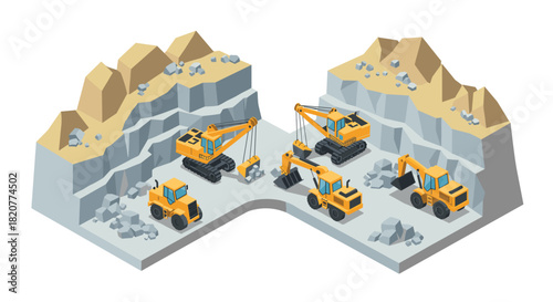 Construction vehicles in quarry scene with excavators and bulldozers in isometric style