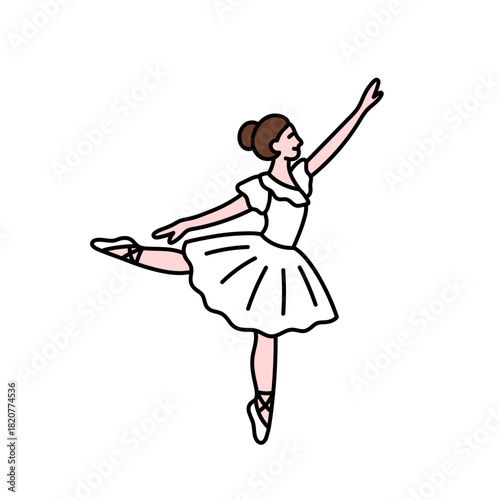 Trendy doodle style icon of dancing ballerina. Ballet dancer. Girl in white tutu dress, in choreographic position. Isolated vector illustration
