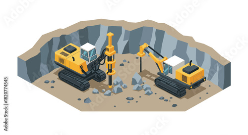 Heavy machinery in quarry setting with excavators breaking rocks in isometric style
