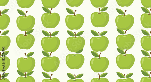 Refreshing seamless pattern featuring an abundance of vibrant green apples with leaves, perfectly arranged on a crisp light background.