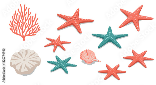 Colorful marine life collection with starfish and shells in flat design
