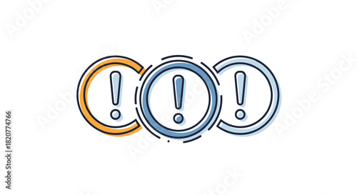 Prominent illustration showcasing three colorful concentric exclamation mark icons, symbolizing alert and warning, on a pristine white background.