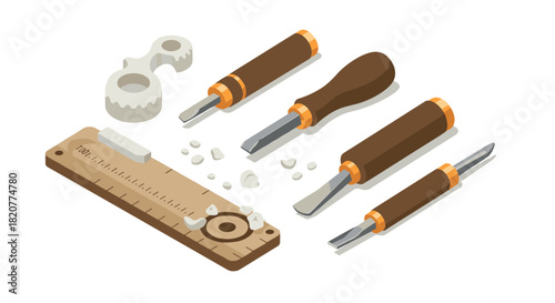 Isometric wood carving tools set with chisels and ruler on white background