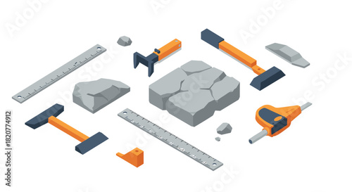 Isometric construction tools and stone set for engineering and building projects