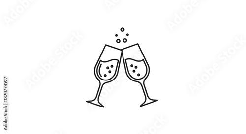Elegant outline illustration of two champagne glasses toasting, complete with effervescent bubbles, symbolizing celebration on a white background.