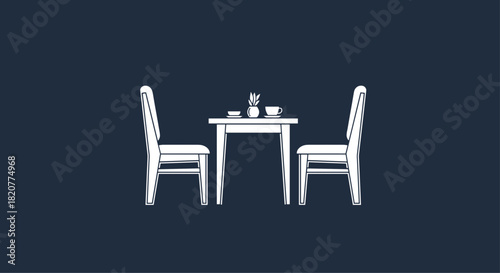 Simple yet elegant illustration depicting a minimalist dining table with two chairs, complete with cups and plant, on a dark blue background.