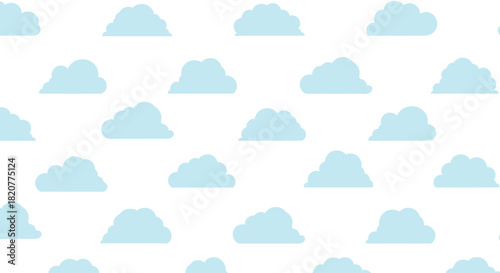 Calming seamless pattern featuring numerous soft, light blue clouds of varying shapes, gracefully floating across a clear white background.