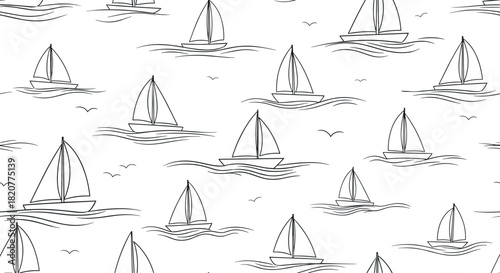 Charming seamless pattern featuring numerous outline sailboats with masts and sails, gracefully navigating wavy waters with birds, on a white background.
