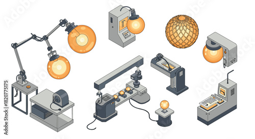 Industrial laboratory equipment with retro bulb lighting in isometric design