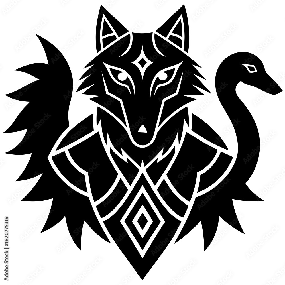 Obraz premium Stylized black wolf head with feathered tail and swan neck emblem on white background