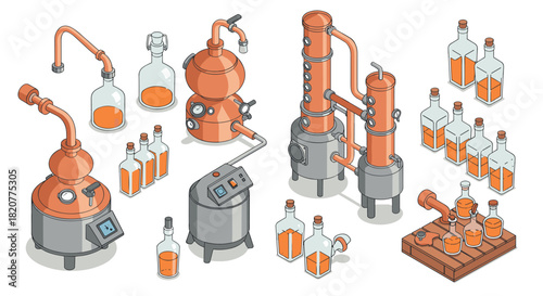 Isometric distillery equipment with glass bottles on white background