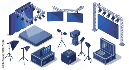 Modern isometric stage equipment set with lighting and screens for events