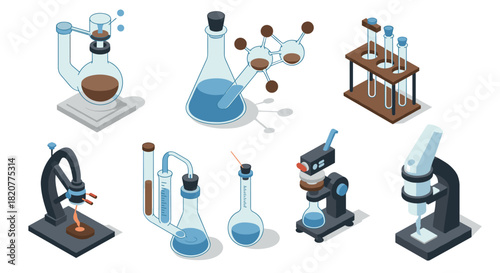 Scientific glassware and laboratory equipment in isometric style for chemistry and biology