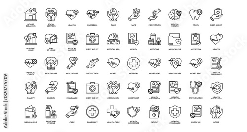 Health insurance icon set collection. Containing mental, nursing, anatomy, beat, charity, personal, stethoscope .Line vector icons collection