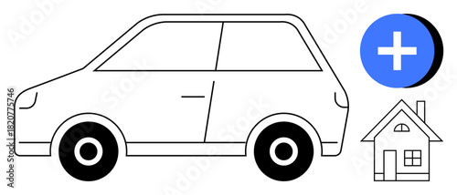 Mortgage concept. Car, home, and plus symbols financial planning, homeownership, and auto insurance. Mortgage solutions for housing, transportation needs and financial security planning. Perfect