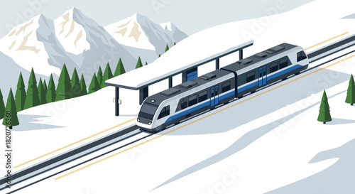 Modern train in snowy mountain landscape with pine trees