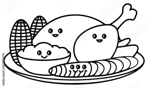 Thanksgiving Feast Cartoon: A delightful, cartoon-style depiction of a festive Thanksgiving feast, featuring a smiling turkey, corn, mashed potatoes, and sweet potato on a plate.