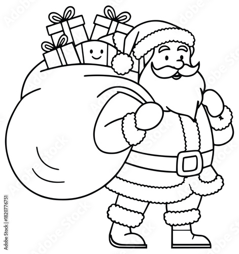Santa's Gift: Joyful depiction of Santa Claus, complete with a jovial face and carrying a full sack of gifts, perfect for evoking holiday cheer.