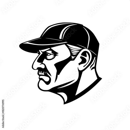 High-contrast vector illustration of a mature man's profile with defined facial features, strong jawline, and prominent nose, wearing a cap that casts angular shadows on his face, simplified shapes an