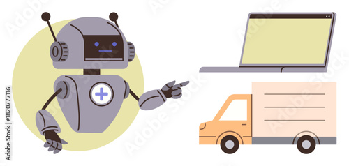 Robot gesturing at a laptop and delivery truck, illustrating advanced technology and automation concepts. Ideal for logistics innovation, AI, shipping, tech, robotics, e-commerce efficiency. Simple
