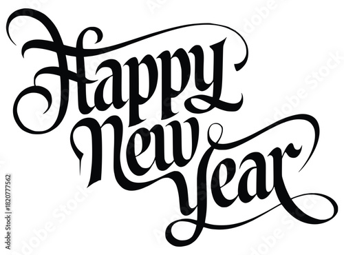 Happy New Year Celebration: elegant handwritten calligraphy spells out Happy New Year, creating a celebratory and joyful atmosphere.