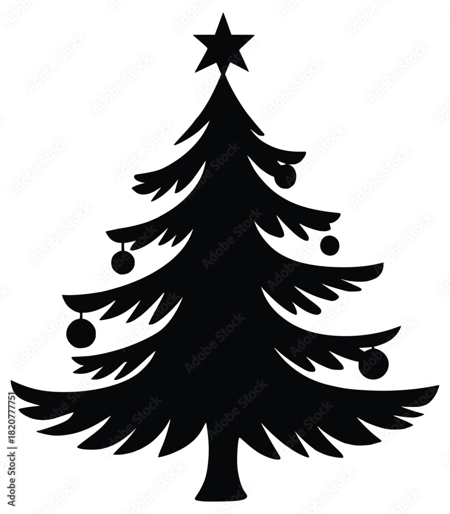 Obraz premium Holiday Silhouette: An elegant Christmas tree silhouette adorned with ornaments and a shining star, perfectly capturing the festive season's magic.