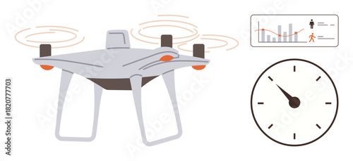 quadcopter hovering mid-air beside a monitoring chart and clock reflecting performance and analytics. Ideal for technology, automation, innovation, productivity, efficiency, data analysis, time