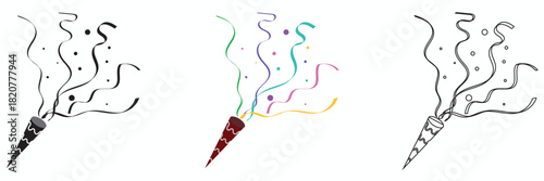 Party popper icons set with confetti burst. Set of three party popper icons releasing confetti and streamers, ideal for celebration graphics, event designs, and festive digital elements.

