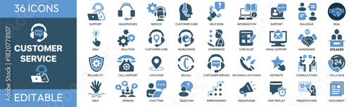 Customer Service & Support Icon Set – Call Assistance, Live Chat Support, Email Help Desk, Consultation Services, Communication Tools, Client Care, Technical Support, Feedback & Problem-Solving Symbol