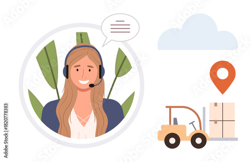 Smiling support agent with headset, forklift carrying package, location pin, and cloud icon. Ideal for customer support, logistics, shipping, e-commerce communication teamwork technology. Simple