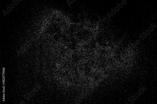 Snow flakes falling isolated. White snowflakes on black background. Distressed white grainy pattern texture. Dust overlay textured. Grain noise particles. Vector illustration, EPS 10.
