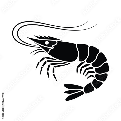 Black silhouette of a shrimp on a white background