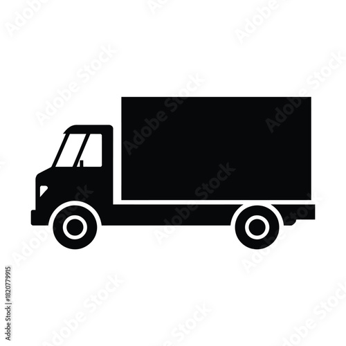 Simple black silhouette of a delivery truck on white background