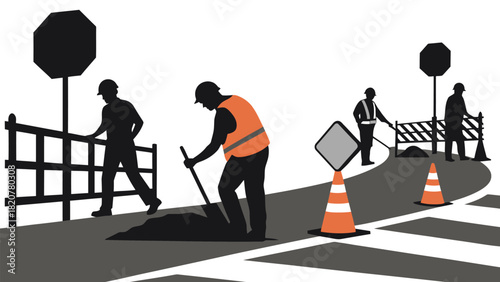 Road construction crew working with safety gear, signs, and cones directing traffic on a city street
