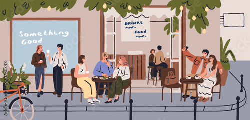 People at outdoor cafe terrace. Sitting at tables in chairs, drinking and eating outside. Friends, couples relaxing and talking in cozy open-air restaurant at urban street. Flat vector illustration