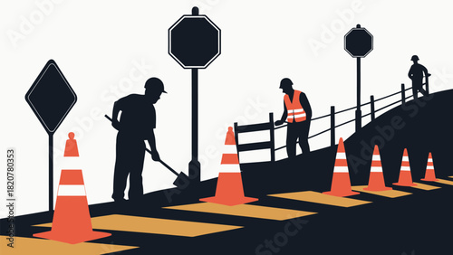 Road construction crew working safely with cones and signs, ensuring public safety and traffic control ahead