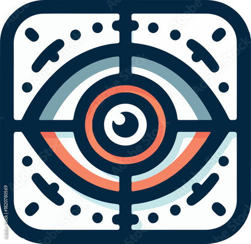 Abstract digital eye icon with concentric circles and futuristic design elements.