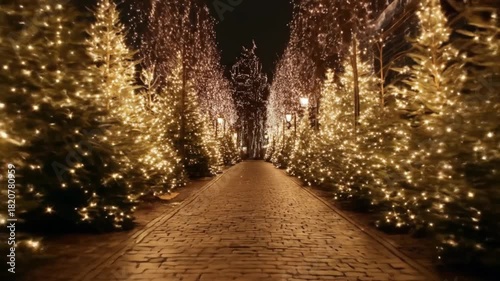 Moonlit avenue of Christmas trees, warm golden lights guiding a distant glittering path under night