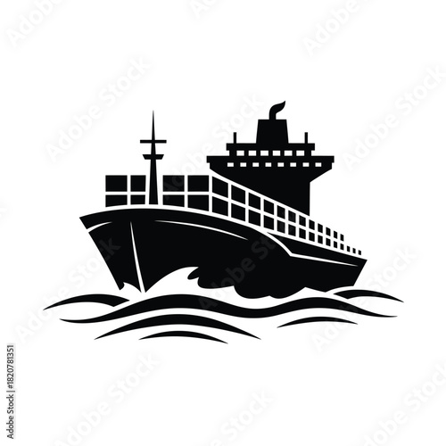 Silhouette of a cargo ship sailing on wavy ocean water