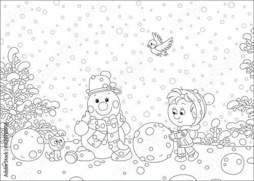 Happy little boy with a puppy making a funny snowman with a striped scarf and a bucket on its friendly smiling head on a beautiful snowy day in a winter park, black and white vector cartoon illustrati