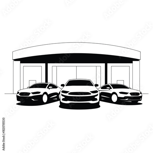 Three sports cars lined up outside a modern showroom building