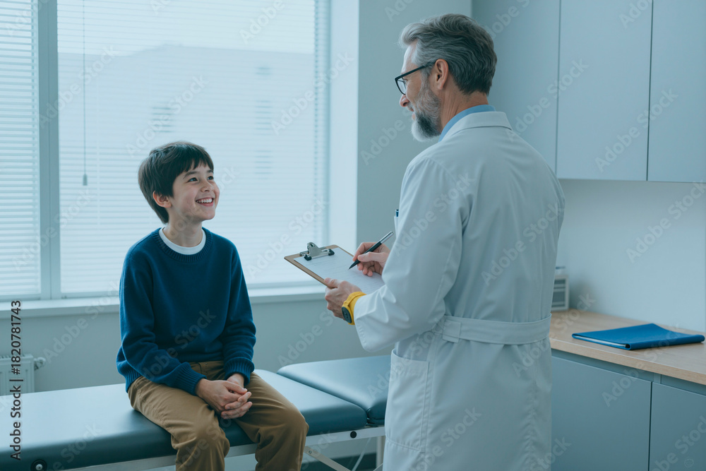 Obraz premium male doctor holding clipboard talking to smiling boy sitting on examination table during medical consultation in modern clinic