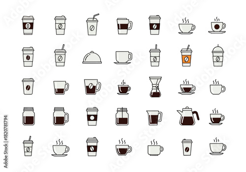 Hand drawn doodle coffee icon set collection on white background.