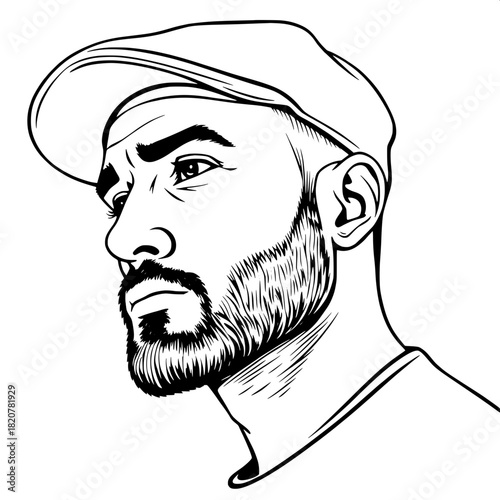 Stylized monochrome line-art portrait of a contemplative man with a subtle gaze looking to the right, wearing a fitted cap that casts a slight shadow on his forehead, a neatly trimmed beard that defin