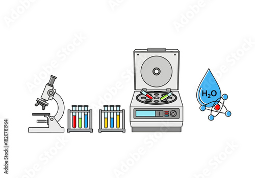 Laboratory equipment and water molecule illustration for scientific research.