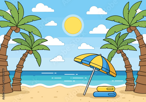 Beach scene with umbrella and towels under the sun.