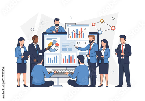 Business team collaborating on data analysis presentation.