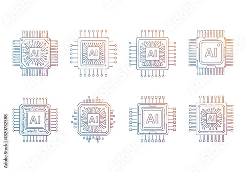 AI Chip Set: Artificial Intelligence Technology Microprocessor Icons Circuit Board Design.