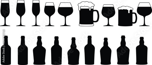 Black silhouette collection of assorted drink glasses and bottles on white wine glass