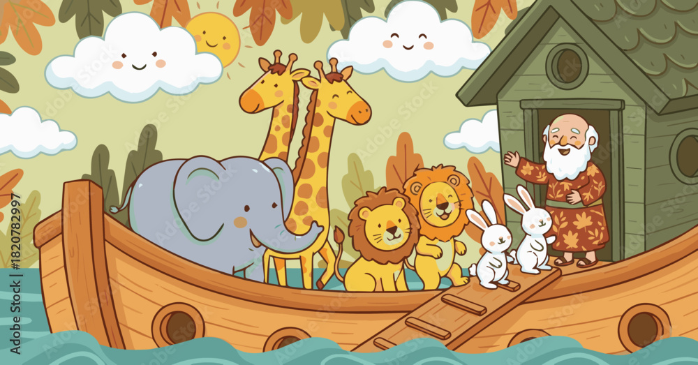 Obraz premium Nature-Themed Flat Vector The Ark floating among stylized flat waves and plants, animals drawn with simple nature-inspired patterns, earthy flat tones 